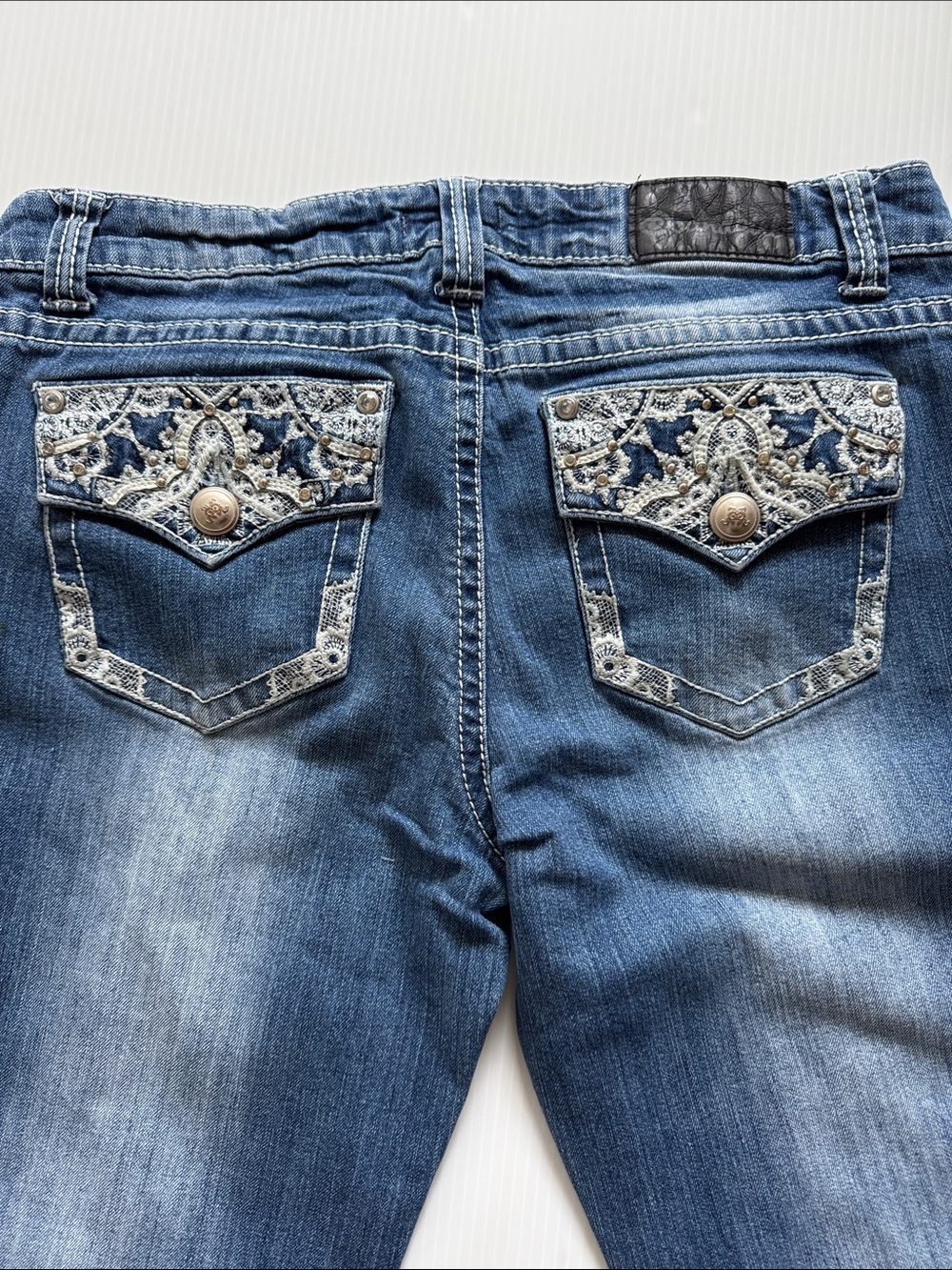 Soundgirl Blue Denim Distressed Jeans with lace details. Size 13